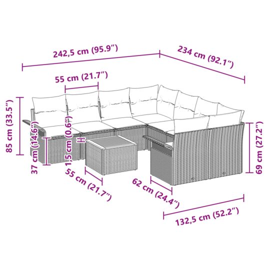 3347308 9 Set de canapele pentru grădină 9 pcs Bej Rattan poli 3347308 9