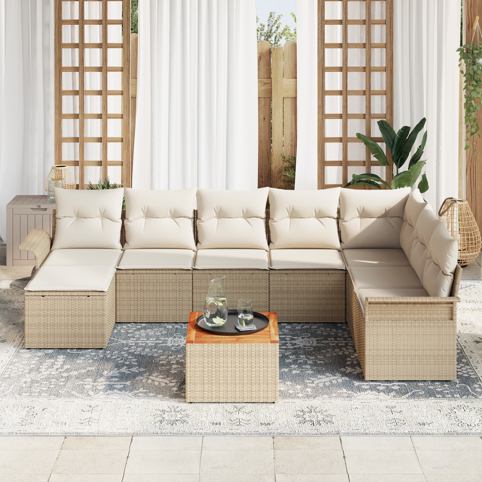 3347365 3 Set de canapele pentru grădină 9 pcs Bej Rattan poli Set de canapele pentru grădină 9 pcs Bej Rattan poli - imagine 3