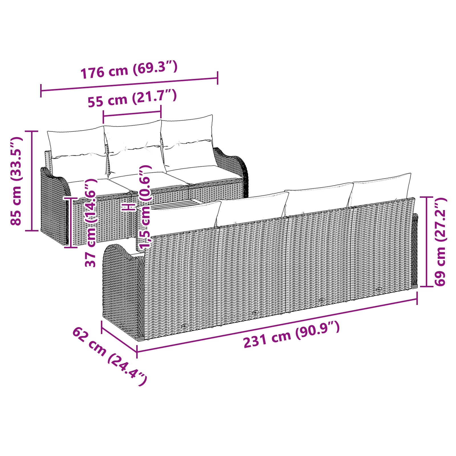 3347411 8 Set de canapele pentru grădină 8 pcs Negru Rattan poli Set de canapele pentru grădină 8 pcs Negru Rattan poli - imagine 8