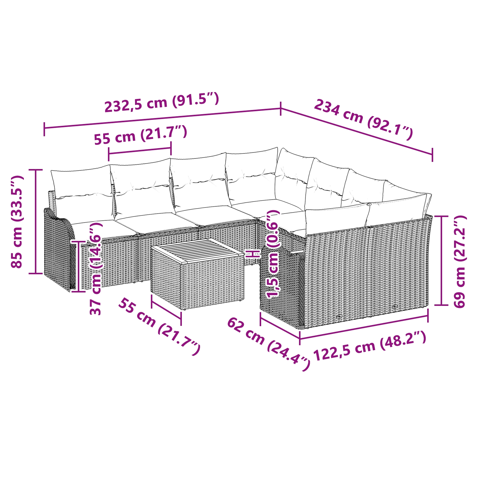 3347434 9 Set de canapele pentru grădină 9 pcs Bej Rattan poli Set de canapele pentru grădină 9 pcs Bej Rattan poli - imagine 9