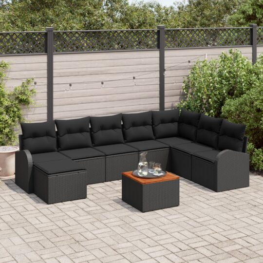 Set de canapele pentru grădină cu pernă 9 pcs Negru Rattan poli