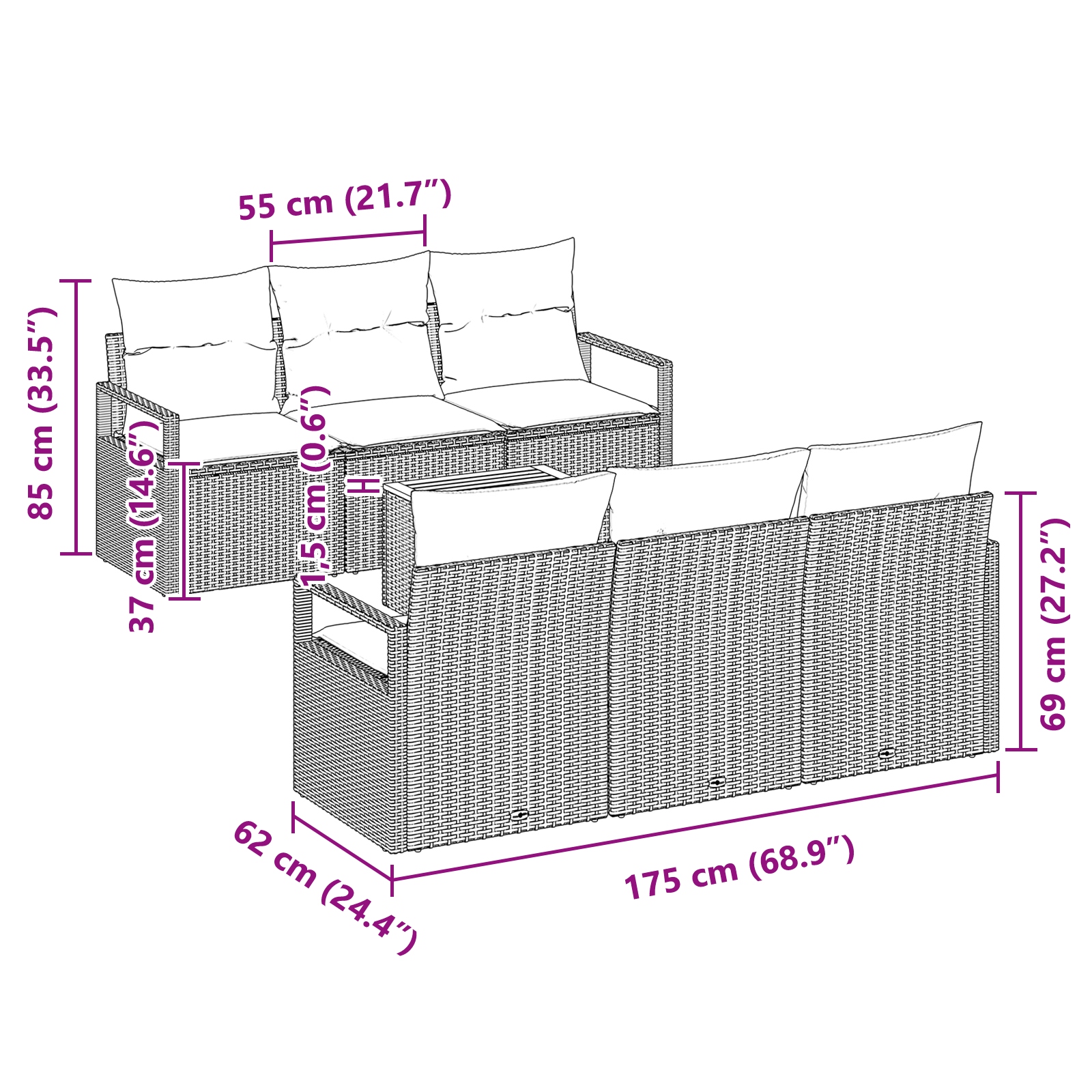 3347650 8 Set de canapele pentru grădină cu pernă 7 pcs Gri Rattan poli Set de canapele pentru grădină cu pernă 7 pcs Gri Rattan poli - imagine 8