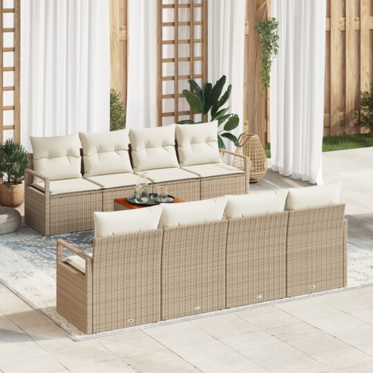 Set de canapele pentru grădină cu pernă 9 pcs Bej Rattan poli