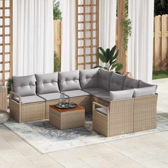 Set de canapele pentru grădină cu pernă 9 pcs Bej Rattan poli