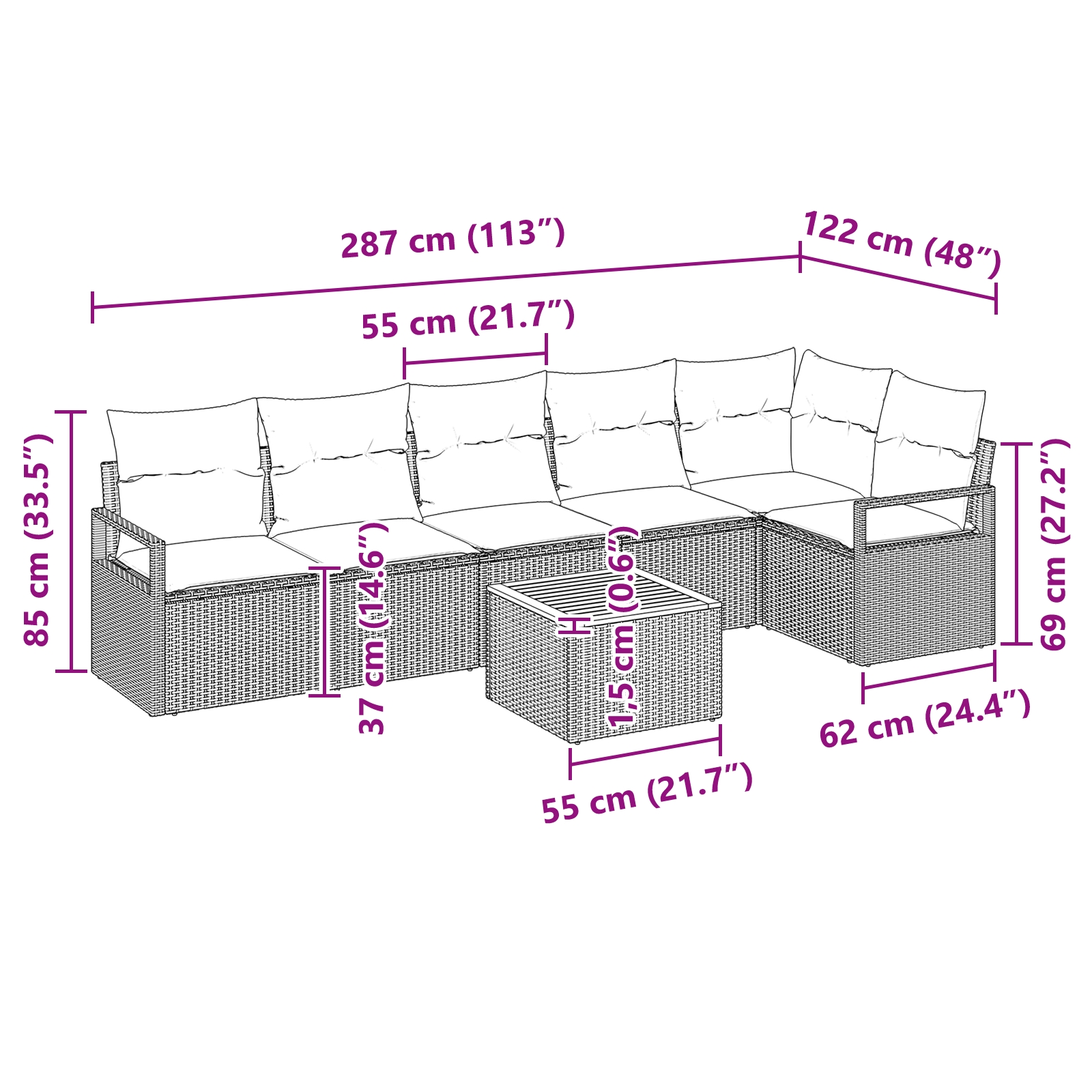 3347716 9 Set de canapele pentru grădină cu pernă 7 pcs Negru Rattan poli Set de canapele pentru grădină cu pernă 7 pcs Negru Rattan poli - imagine 9