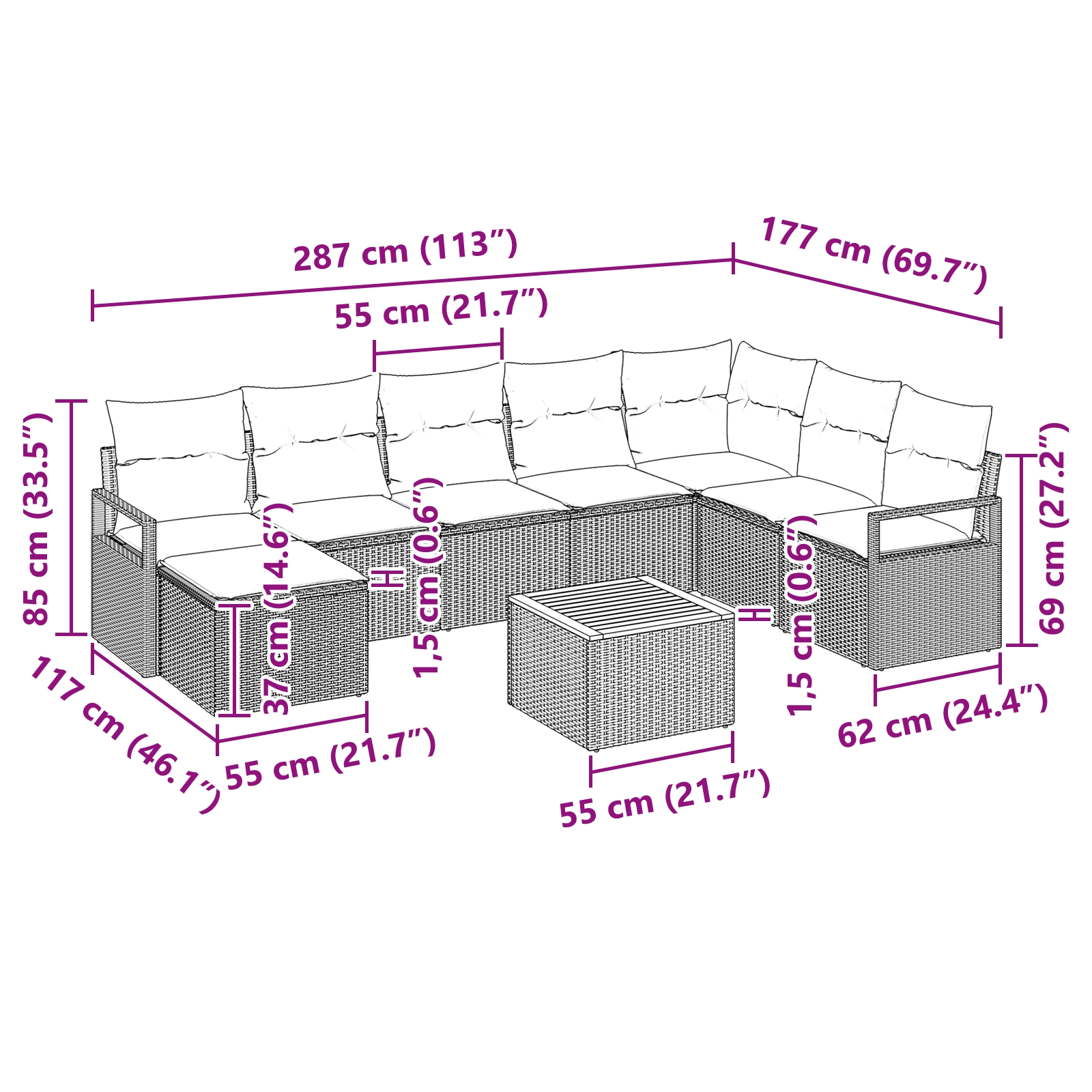 3347741 10 Set de canapele pentru grădină cu pernă 9 pcs Gri Rattan poli Set de canapele pentru grădină cu pernă 9 pcs Gri Rattan poli - imagine 10