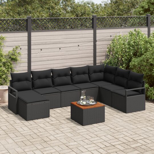 Set de canapele pentru grădină cu pernă 9 pcs Negru Rattan poli