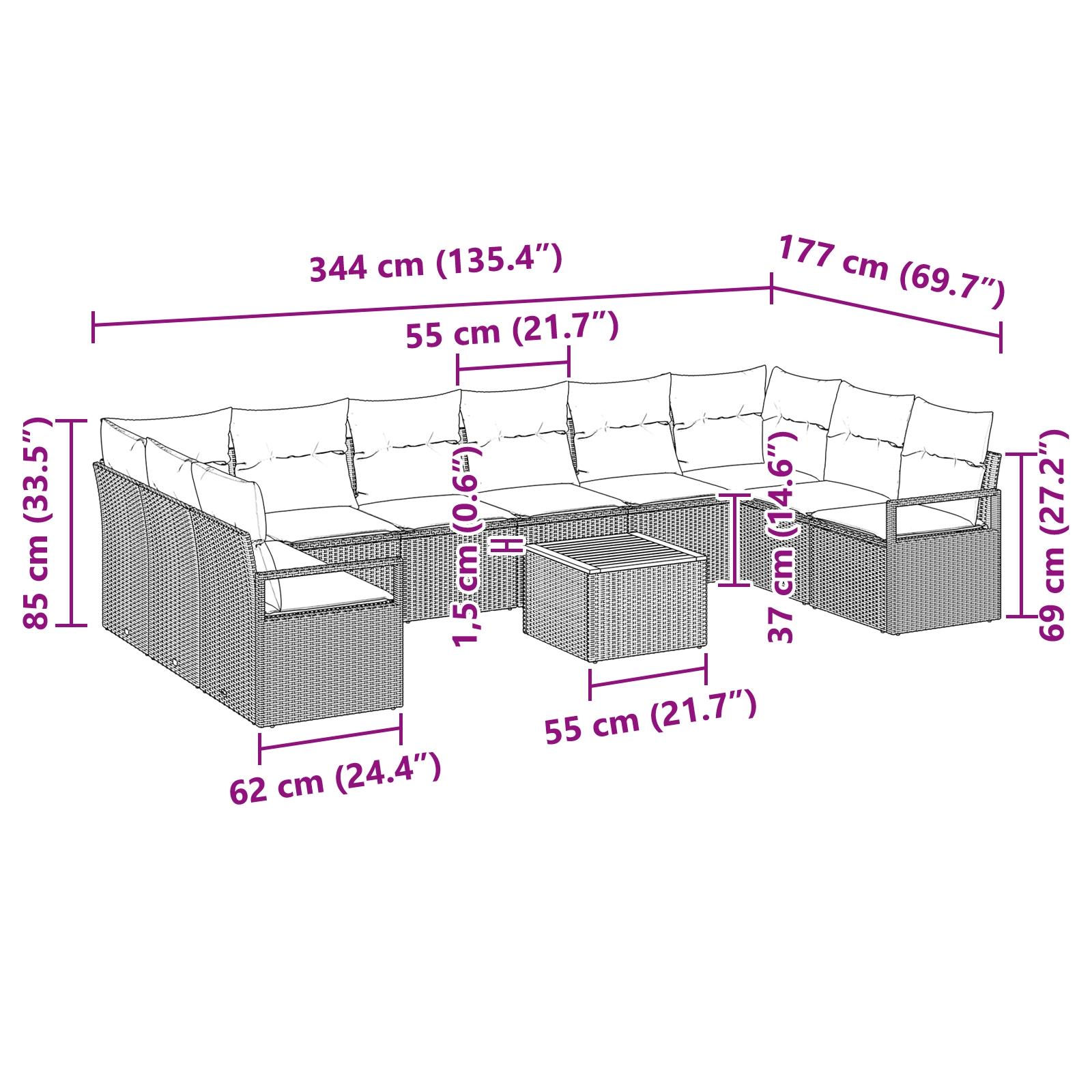 3347754 9 Set de canapele pentru grădină 11 pcs Negru Rattan poli Set de canapele pentru grădină 11 pcs Negru Rattan poli - imagine 9