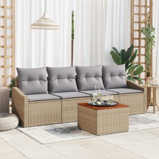 Set de canapele pentru grădină cu pernă 5 pcs Bej Rattan poli