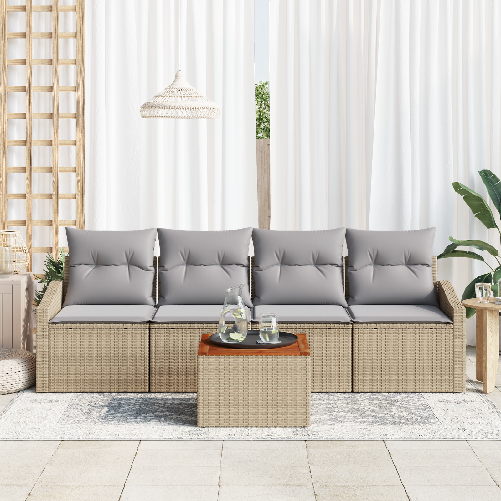 3347763 3 Set de canapele pentru grădină cu pernă 5 pcs Bej Rattan poli Set de canapele pentru grădină cu pernă 5 pcs Bej Rattan poli - imagine 3