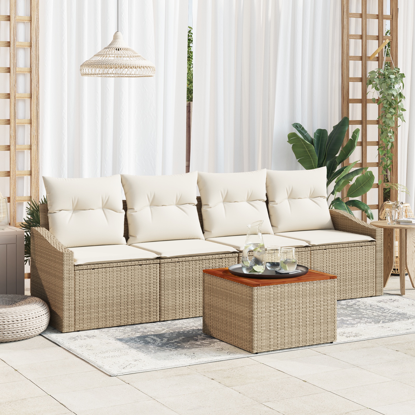 3347764 1 Set de canapele pentru grădină cu pernă 5 pcs Bej Rattan poli Set de canapele pentru grădină cu pernă 5 pcs Bej Rattan poli