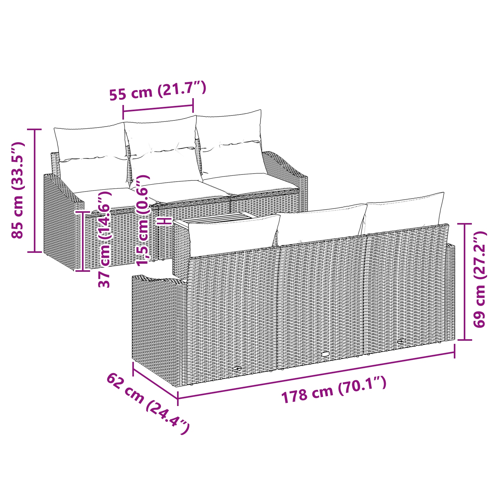 3347779 6 Set de canapele pentru grădină cu pernă 7 pcs Negru Rattan poli Set de canapele pentru grădină cu pernă 7 pcs Negru Rattan poli - imagine 6