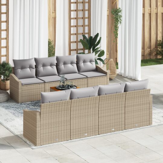 Set de canapele pentru grădină cu pernă 9 pcs Bej Rattan poli