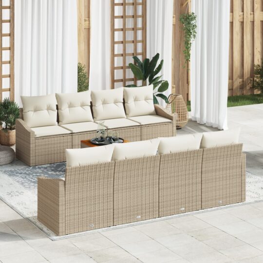 Set de canapele pentru grădină cu pernă 9 pcs Bej Rattan poli