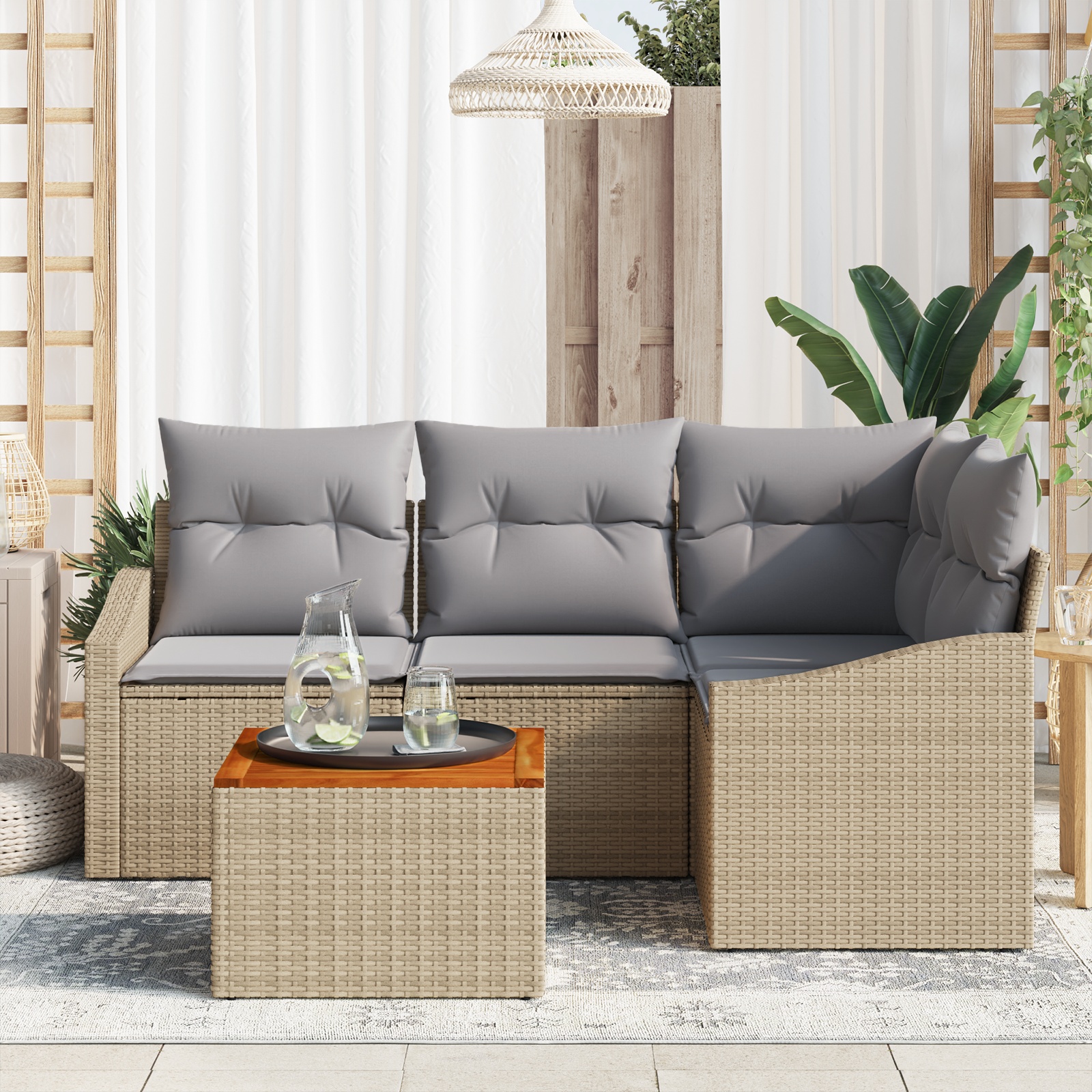 3347826 3 Set de canapele pentru grădină cu pernă 5 pcs Bej Rattan poli Set de canapele pentru grădină cu pernă 5 pcs Bej Rattan poli - imagine 3