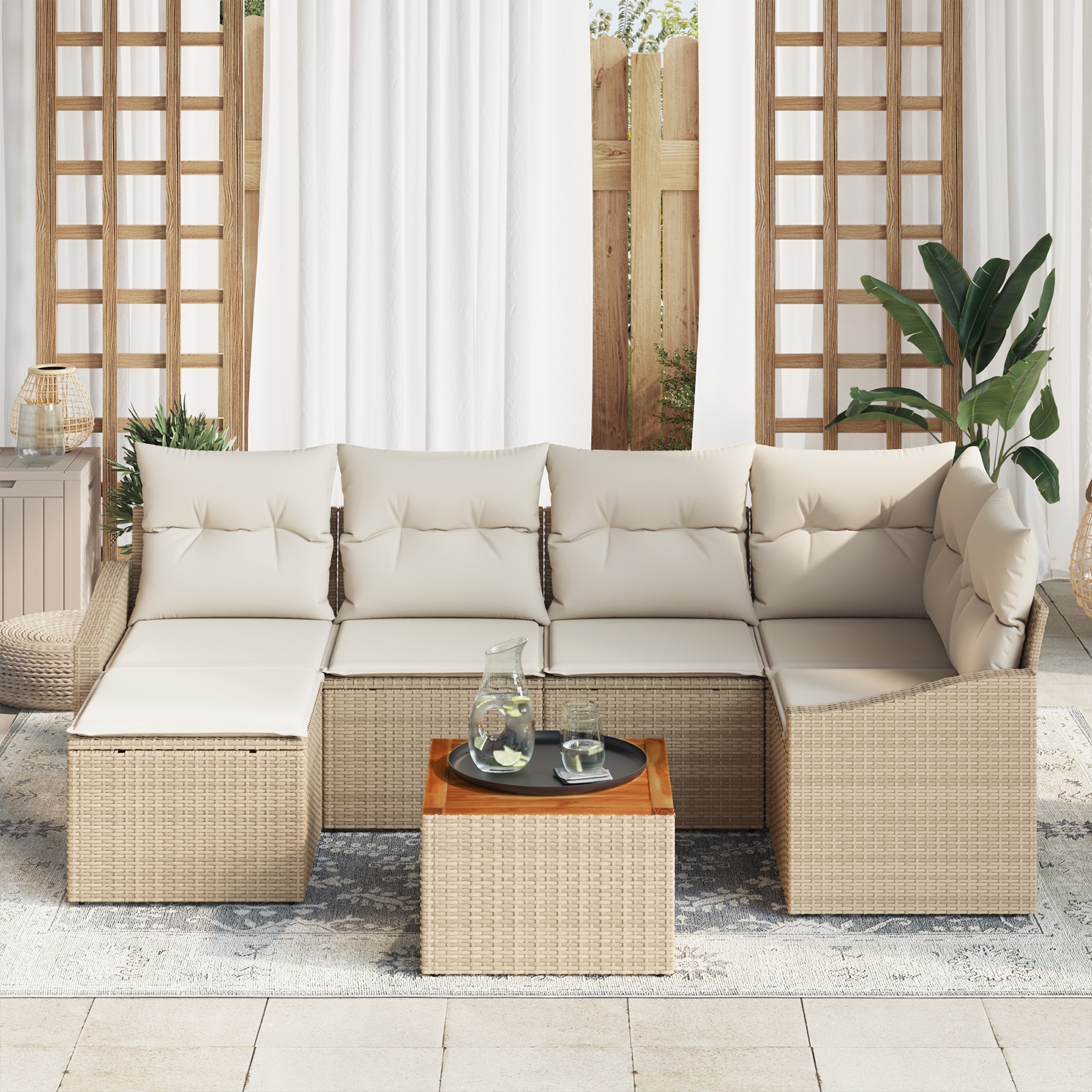 3347855 3 Set de canapele pentru grădină cu pernă 7 pcs Bej Rattan poli Set de canapele pentru grădină cu pernă 7 pcs Bej Rattan poli - imagine 3