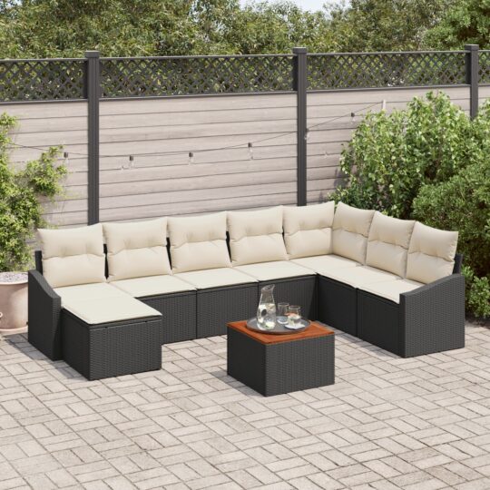 Set de canapele pentru grădină cu pernă 9 pcs Negru Rattan poli