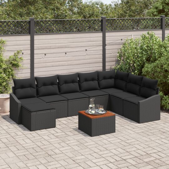 Set de canapele pentru grădină cu pernă 9 pcs Negru Rattan poli