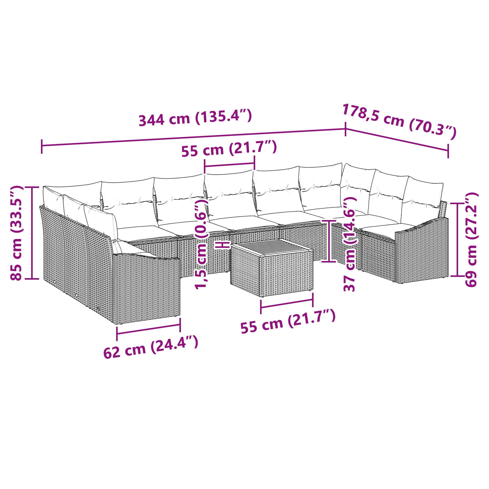 3347881 9 Set de canapele pentru grădină cu pernă 11 pcs Gri Rattan poli Set de canapele pentru grădină cu pernă 11 pcs Gri Rattan poli - imagine 9