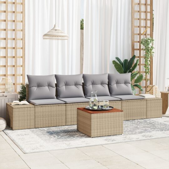 Set de canapele pentru grădină cu pernă 5 pcs Bej Rattan poli