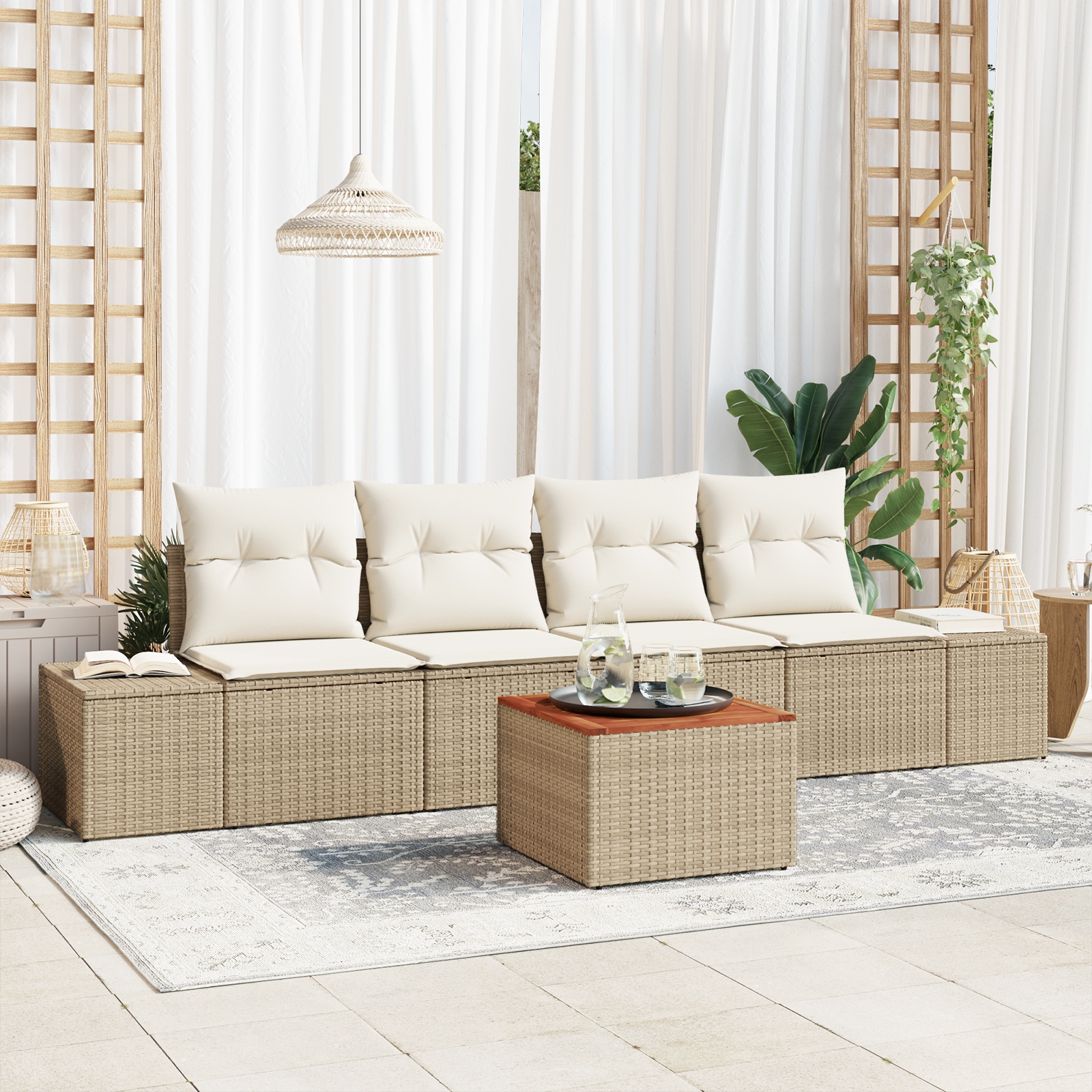 3347890 1 Set de canapele pentru grădină cu pernă 5 pcs Bej Rattan poli Set de canapele pentru grădină cu pernă 5 pcs Bej Rattan poli