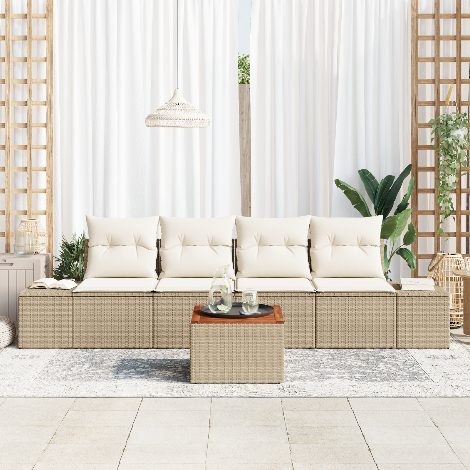 3347890 3 Set de canapele pentru grădină cu pernă 5 pcs Bej Rattan poli Set de canapele pentru grădină cu pernă 5 pcs Bej Rattan poli - imagine 3