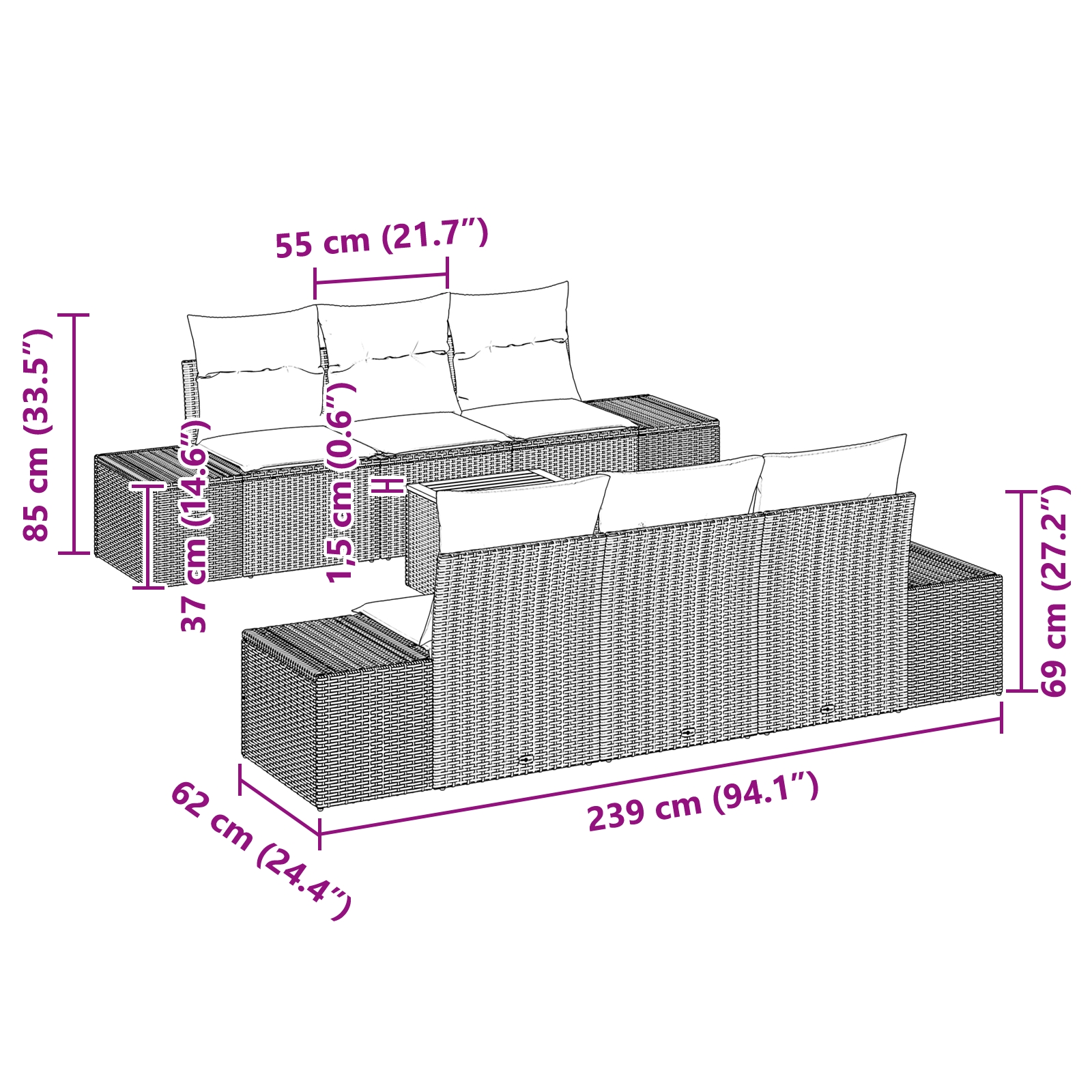 3347902 8 Set de canapele pentru grădină cu pernă 7 pcs Gri Rattan poli Set de canapele pentru grădină cu pernă 7 pcs Gri Rattan poli - imagine 8