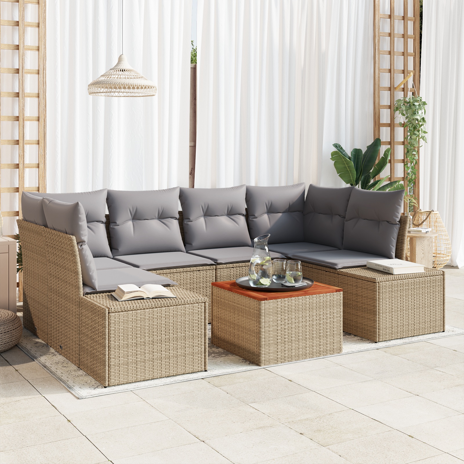 3347910 1 Set de canapele pentru grădină cu pernă 7 pcs Bej Rattan poli Set de canapele pentru grădină cu pernă 7 pcs Bej Rattan poli
