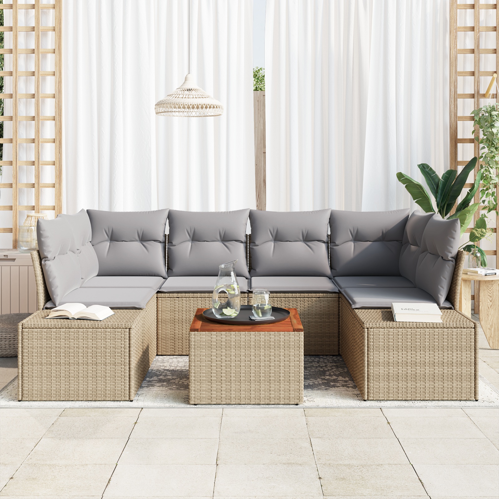 3347910 3 Set de canapele pentru grădină cu pernă 7 pcs Bej Rattan poli Set de canapele pentru grădină cu pernă 7 pcs Bej Rattan poli - imagine 3