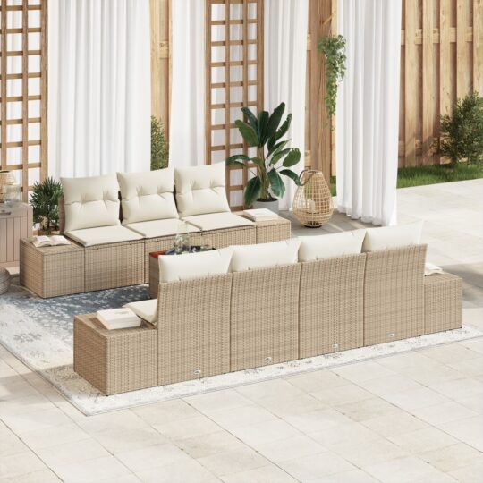Set de canapele pentru grădină cu pernă 8 pcs Bej Rattan poli