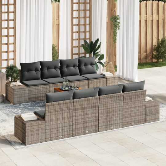 Set de canapele pentru grădină cu pernă 9 pcs Gri Rattan poli