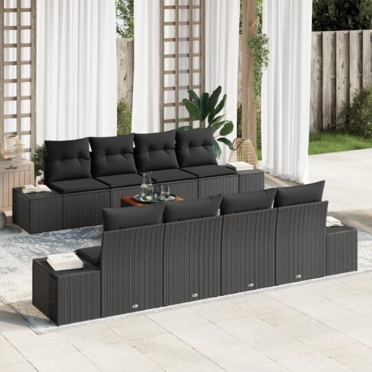 Set de canapele pentru grădină cu pernă 9 pcs Negru Rattan poli