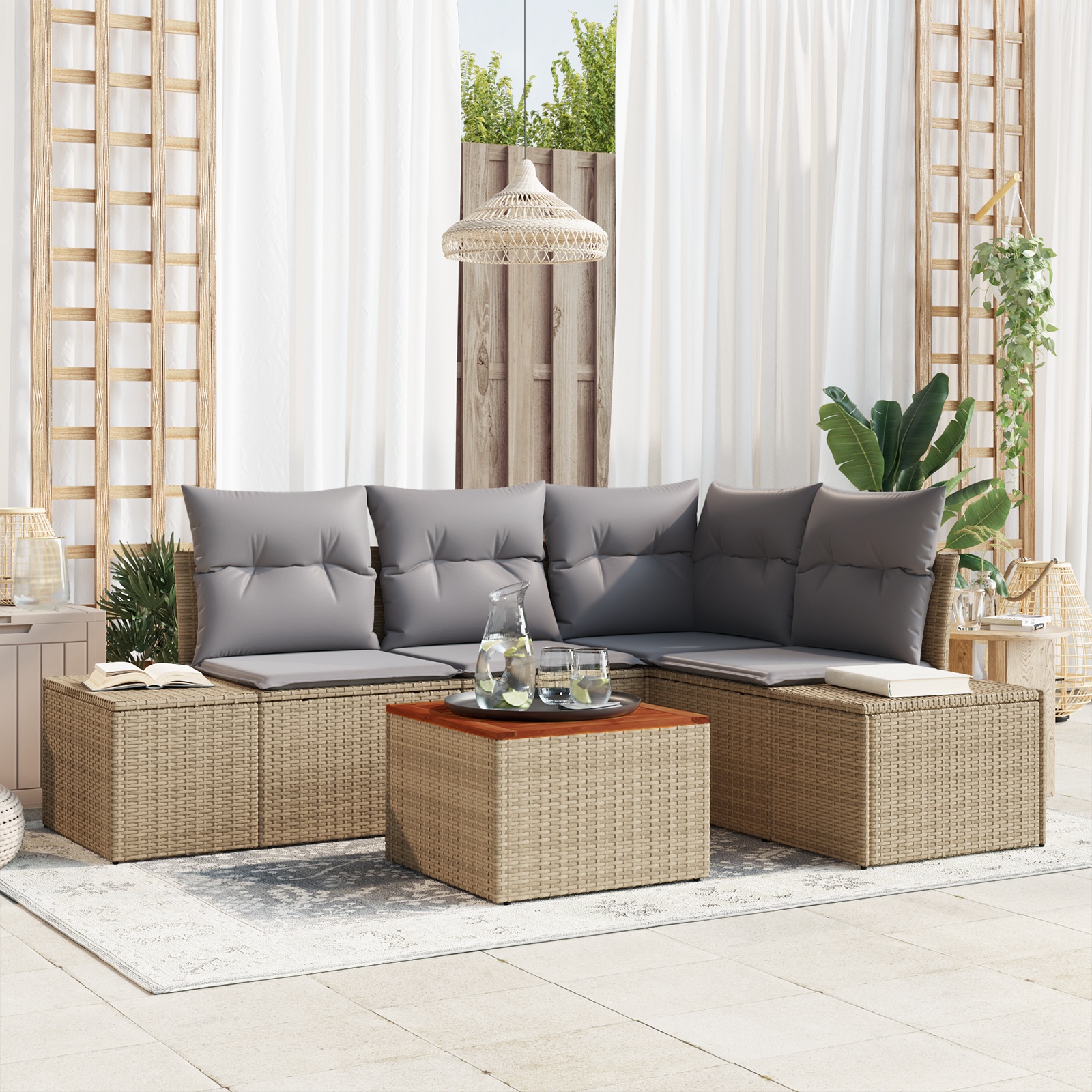 3347952 1 Set de canapele pentru grădină cu pernă 5 pcs Bej Rattan poli Set de canapele pentru grădină cu pernă 5 pcs Bej Rattan poli