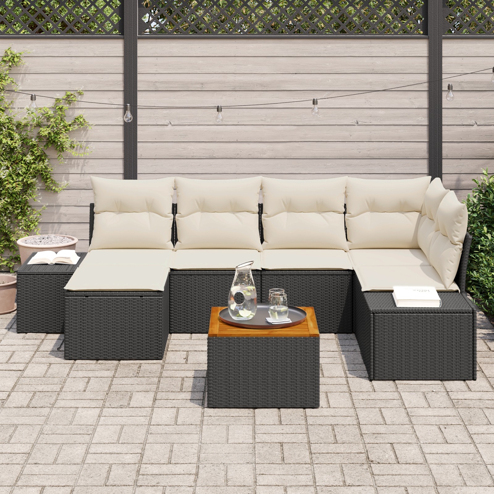 3347978 3 Set de canapele pentru grădină cu pernă 7 pcs Negru Rattan poli Set de canapele pentru grădină cu pernă 7 pcs Negru Rattan poli - imagine 3