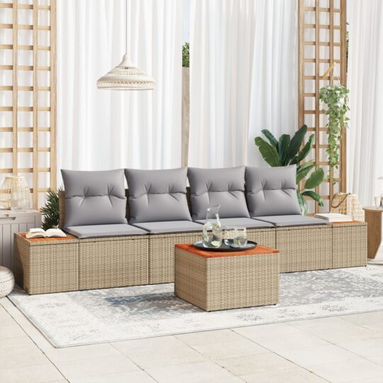 Set de canapele pentru grădină cu pernă 5 pcs Bej Rattan poli