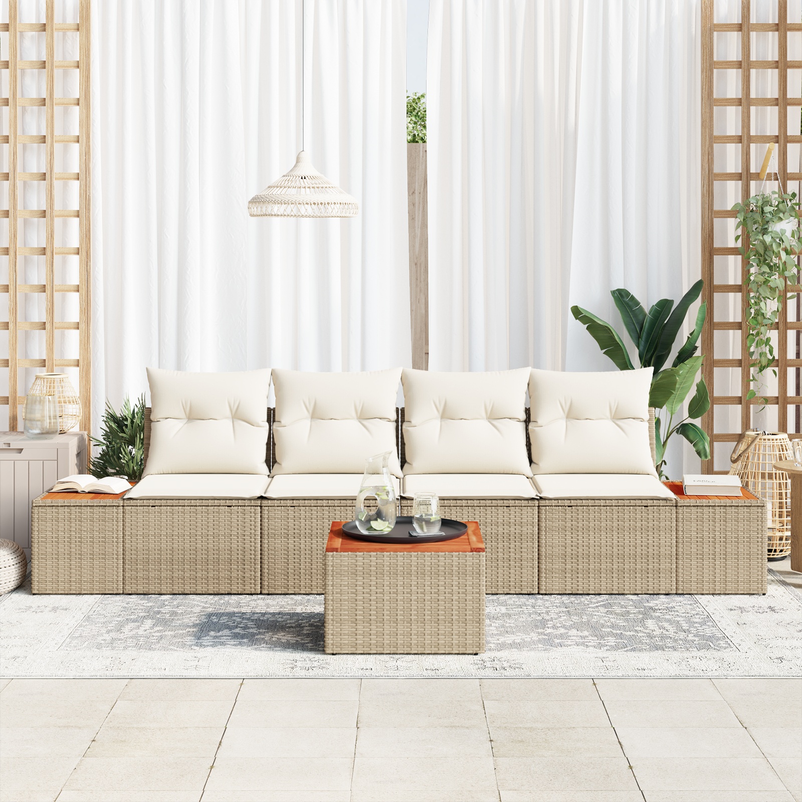 3348022 3 Set de canapele pentru grădină cu pernă 5 pcs Bej Rattan poli Set de canapele pentru grădină cu pernă 5 pcs Bej Rattan poli - imagine 3