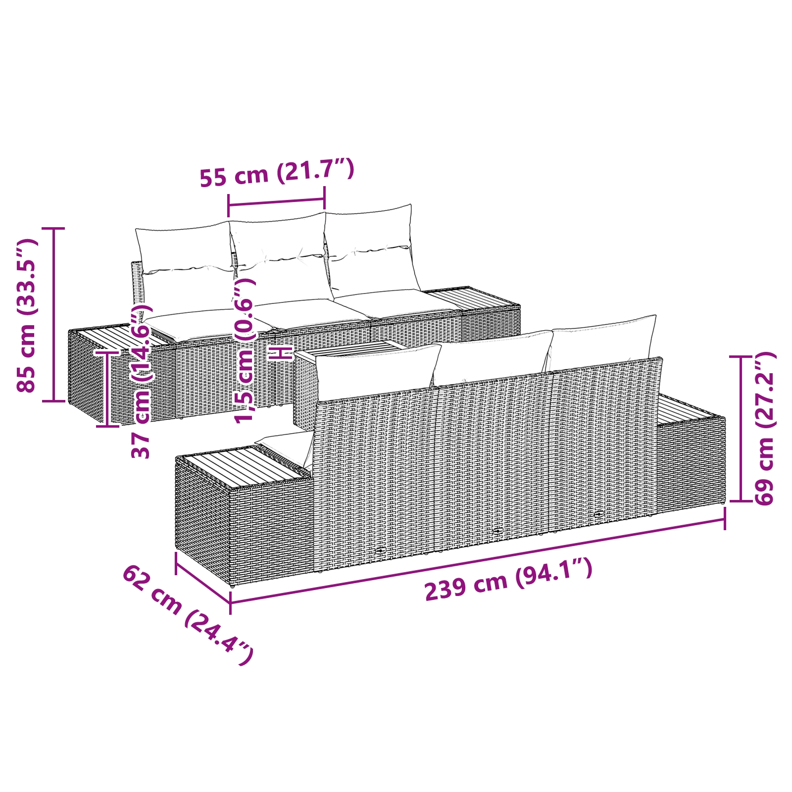 3348030 8 Set de canapele pentru grădină cu pernă 7 pcs Gri Rattan poli Set de canapele pentru grădină cu pernă 7 pcs Gri Rattan poli - imagine 8