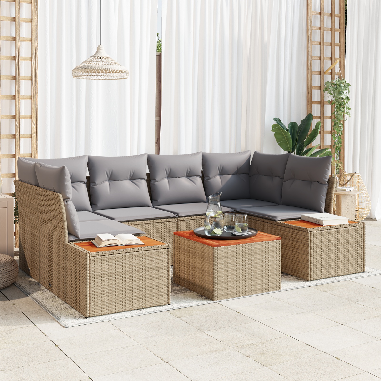 3348036 1 Set de canapele pentru grădină cu pernă 7 pcs Bej Rattan poli Set de canapele pentru grădină cu pernă 7 pcs Bej Rattan poli