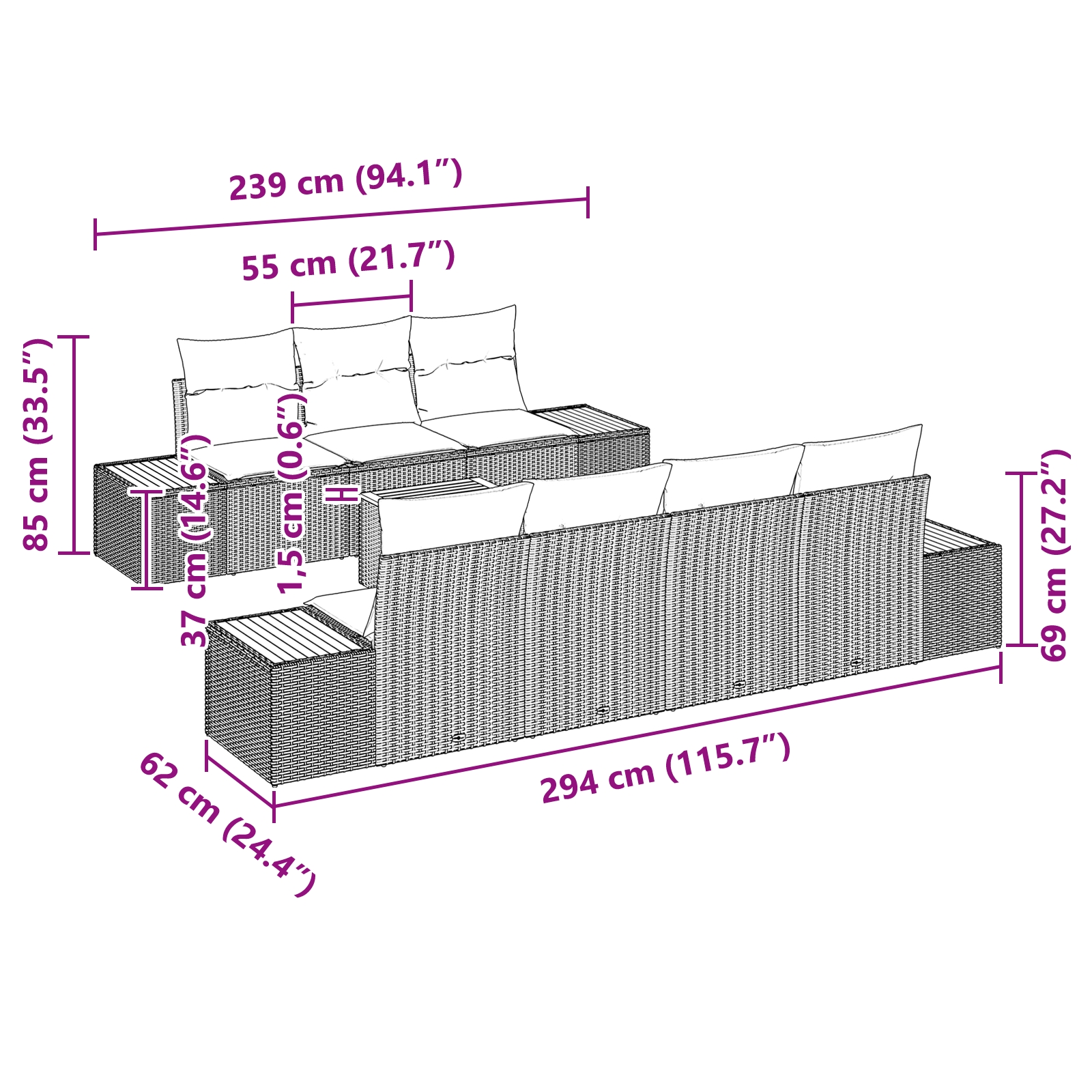 3348039 8 Set de canapele pentru grădină cu pernă 8 pcs Negru Rattan poli Set de canapele pentru grădină cu pernă 8 pcs Negru Rattan poli - imagine 8
