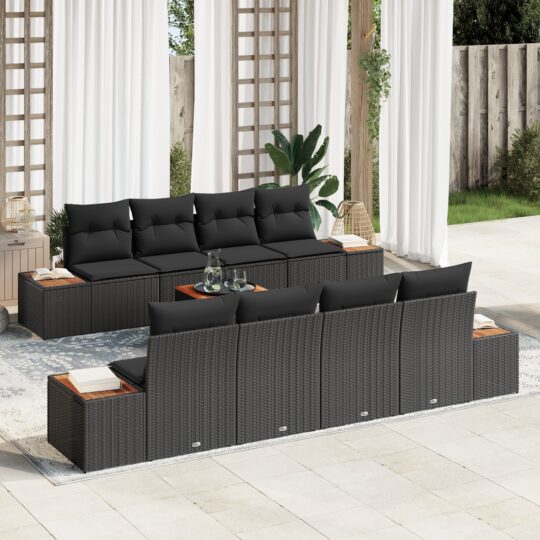Set de canapele pentru grădină cu pernă 9 pcs Negru Rattan poli