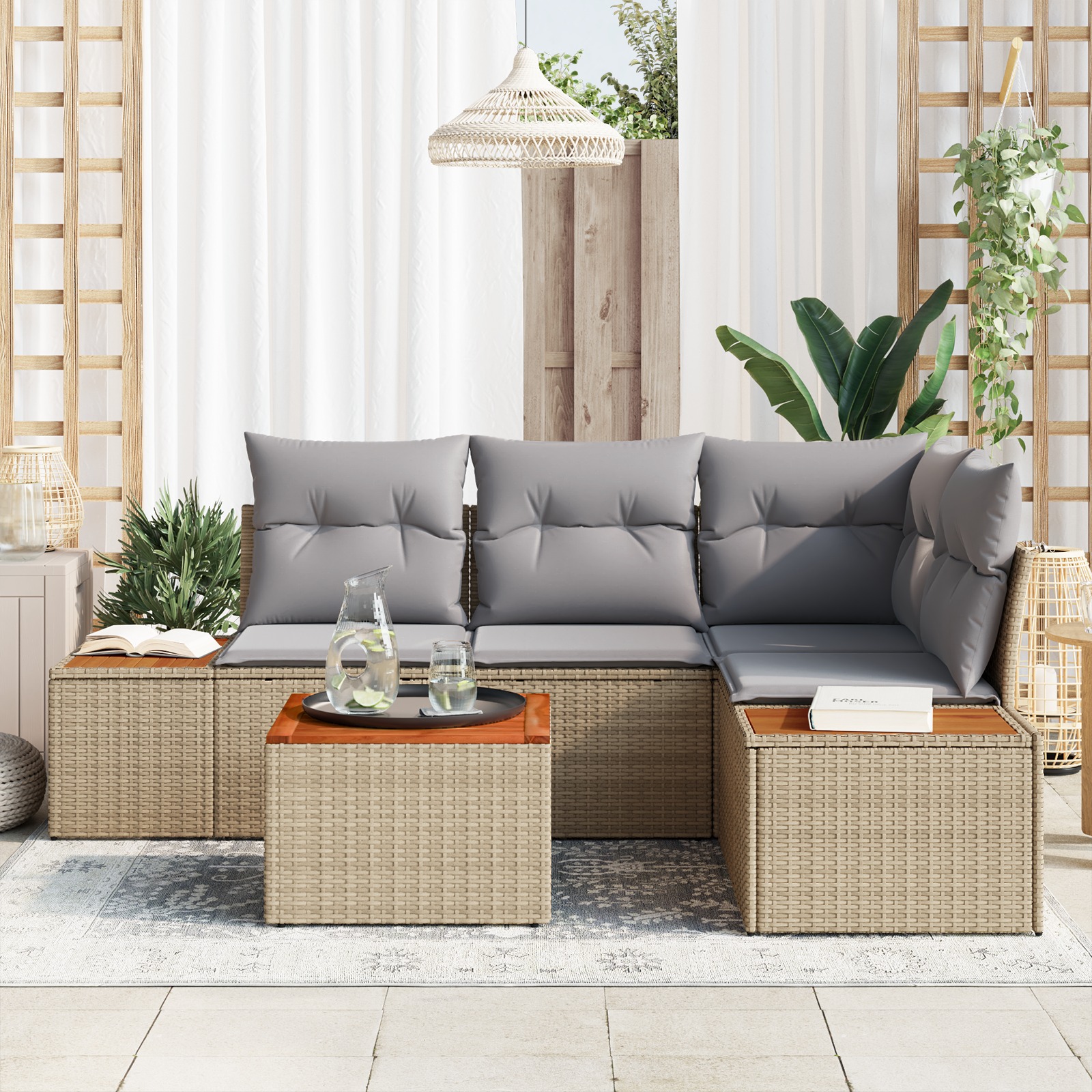 3348081 3 Set de canapele pentru grădină cu pernă 5 pcs Bej Rattan poli Set de canapele pentru grădină cu pernă 5 pcs Bej Rattan poli - imagine 3