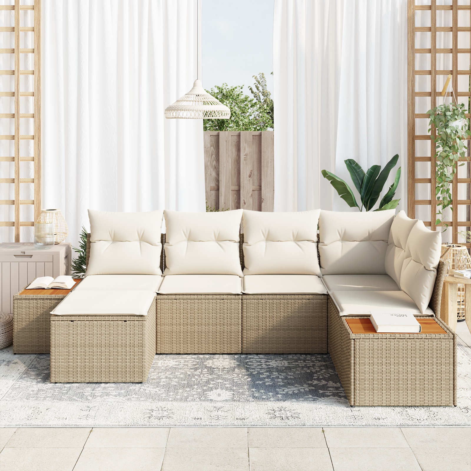 3348122 3 Set de canapele pentru grădină cu pernă 6 pcs Bej Rattan poli Set de canapele pentru grădină cu pernă 6 pcs Bej Rattan poli - imagine 3