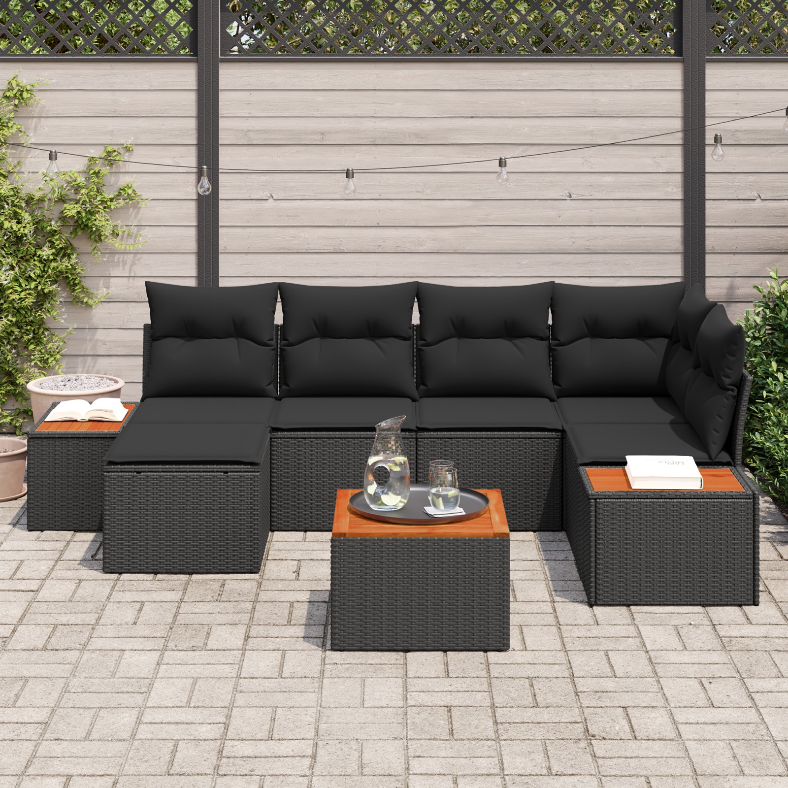 3348124 3 Set de canapele pentru grădină cu pernă 7 pcs Negru Rattan poli Set de canapele pentru grădină cu pernă 7 pcs Negru Rattan poli - imagine 3
