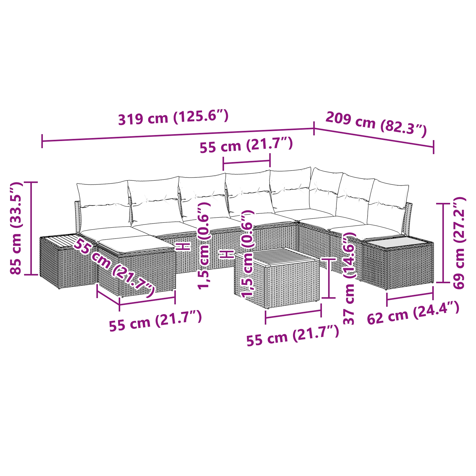 3348149 10 Set de canapele pentru grădină cu pernă 9 pcs Negru Rattan poli Set de canapele pentru grădină cu pernă 9 pcs Negru Rattan poli - imagine 10