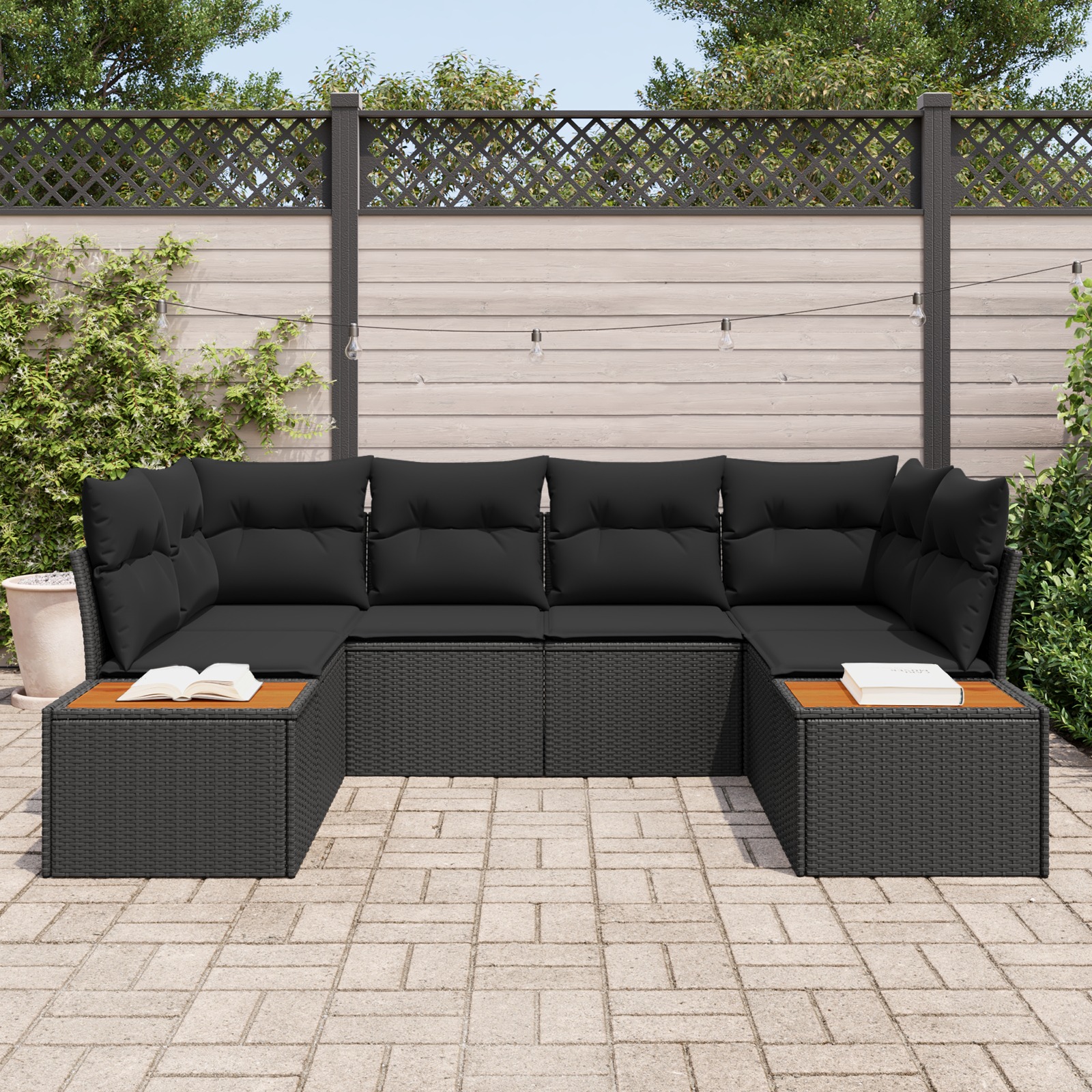 3348154 3 Set de canapele pentru grădină cu pernă 6 pcs Negru Rattan poli Set de canapele pentru grădină cu pernă 6 pcs Negru Rattan poli - imagine 3