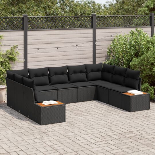 Set de canapele pentru grădină cu pernă 9 pcs Negru Rattan poli