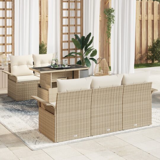 Set de canapele pentru grădină cu pernă 6 pcs Bej Rattan poli