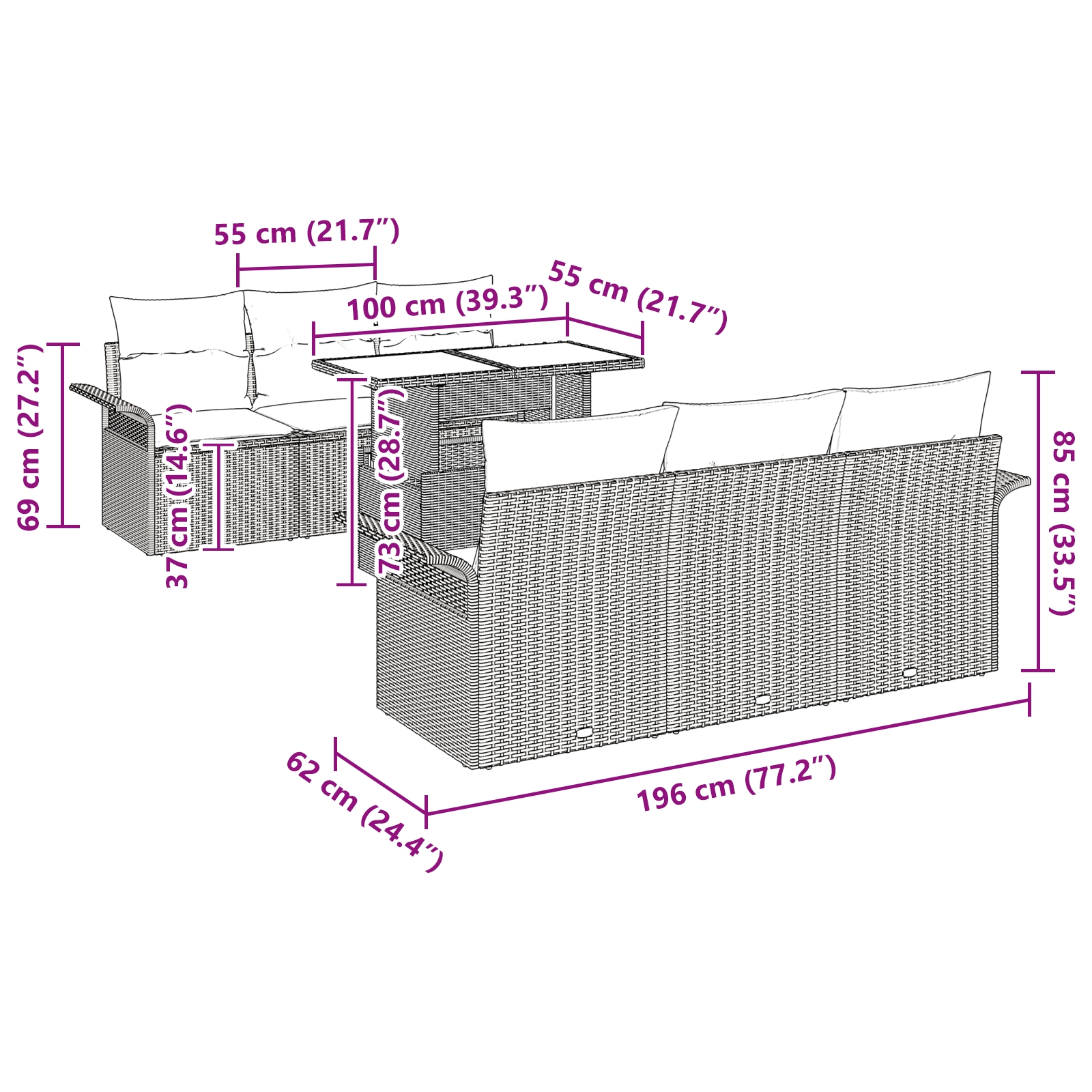 3348203 10 Set de canapele pentru grădină cu pernă 7 pcs Negru Rattan poli Set de canapele pentru grădină cu pernă 7 pcs Negru Rattan poli - imagine 10