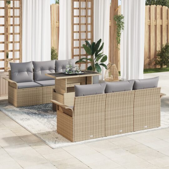 Set de canapele pentru grădină cu pernă 7 pcs Bej Rattan poli