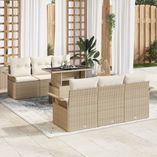 Set de canapele pentru grădină cu pernă 7 pcs Bej Rattan poli